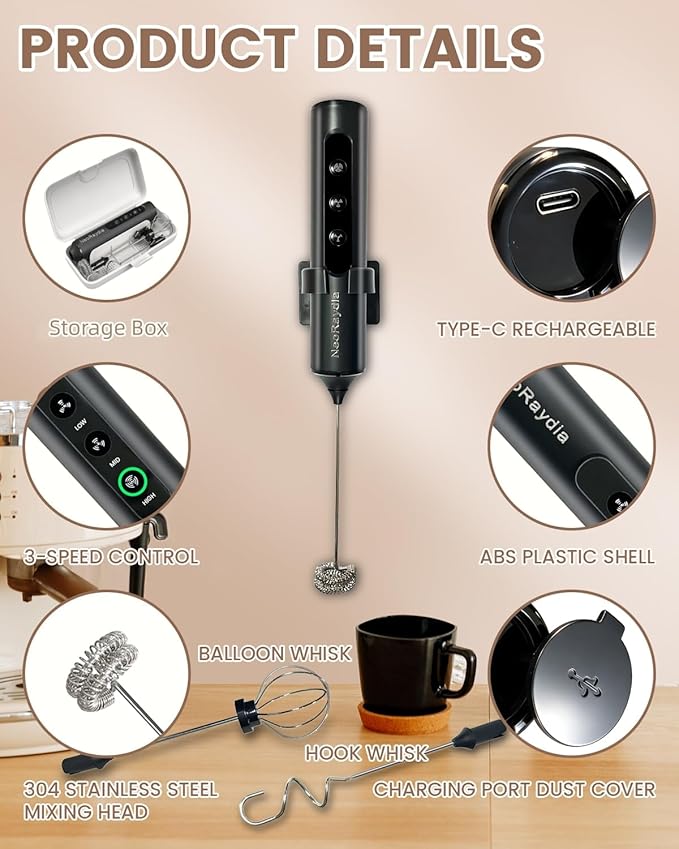 Electric Handheld Milk Frother Wand Rechargeable, 3-Speed Preventing Splashing Drink Mixer with Box, 10-Second Frothing for Coffee, Matcha, Latte, Cappuccino, and Protein Shakes, Black