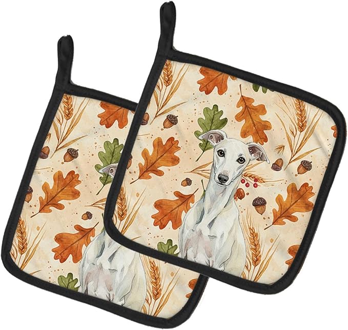 Caroline's Treasures White Whippet Heirloom Fall Pair of Pot Holders Pair 7.5x7.5 Quilted Insulated Hot Pads Decorative Kitchen Gift Made in USA