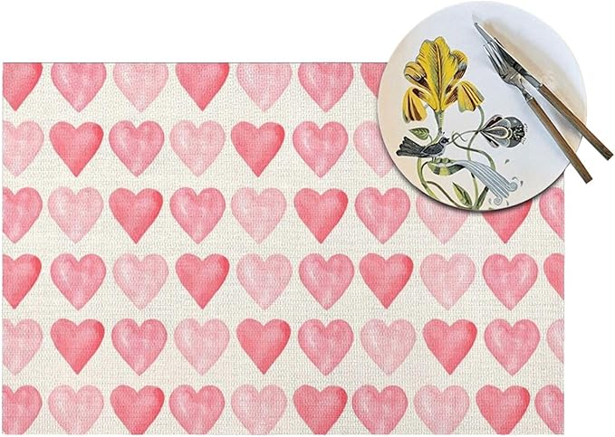 Valentine's Place mats Set of 4,12x18 Inches Valentine's Decor Pink Love Heart Placemats Rectangle Mother's Day Wedding Anniversary Decoration Table Mats for Party Home Kitchen Dining Table