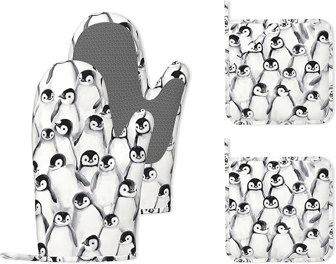 Funny Cute Penguin Heat-Resistant Silicone Oven Mitts and Pot Holder 4 Piece Set,Non-Slip Kitchen Oven Gloves for Baking, BBQ, Cooking,Grilling