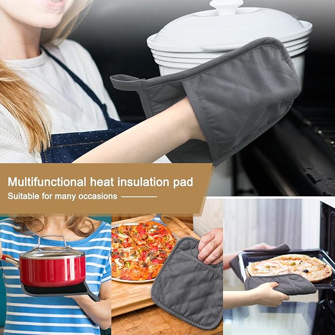 2Pcs Cotton and Neoprene Oven Pads Pot Holders with Pocket 8"x8.5" Dual-Function Hot Pad Set for Finger Hand Wrist Protection Heat Resistant to 428°F,Gray