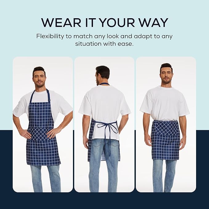 Will Well Kitchen Apron for Men and Women - 33" x 27" Oil-and-Water-Resistant with Adjustable Neck Strap and 38" Waist Ties for a Snug Fit, Lightweight with 2 Front Pockets - 2-Pack, Navy Checkered