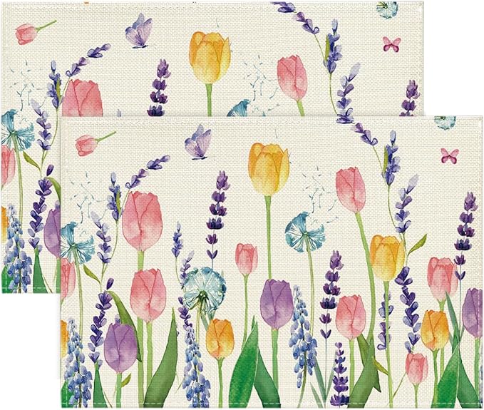 Artoid Mode Lavender Tulip Flowers Floral Spring Placemats Set of 2, 12x18 Inch Seasonal Table Mats for Party Kitchen Dining Decoration