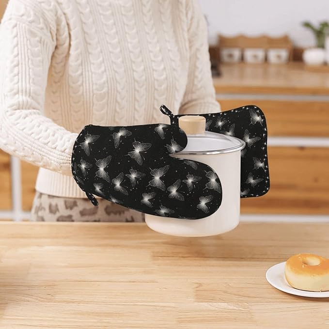 Oven Mitts and Pot Holders Black White Butterfly Silicone Kitchen Accessories Set of 2 Heat Resistant Long Gloves Potholder Non-Slip Grip for Chef Cooking,Baking,Grilling,BBQ