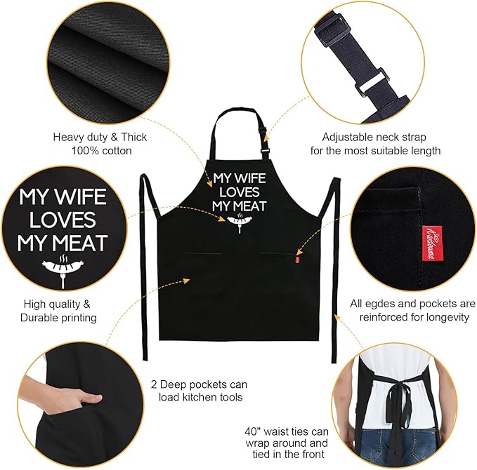 Kaidouma Funny Grilling Aprons for Husband Men - Men's Chef Cooking Grill BBQ Apron with 2 Pockets - Birthday Father's Day Christmas Valentines Day Gifts for Husband