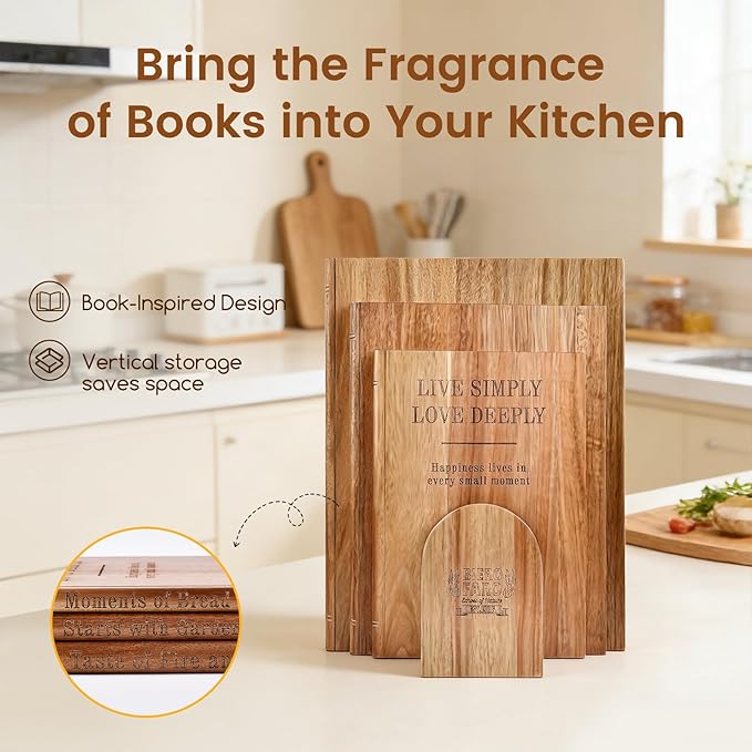 Cutting Board Set of 3, Acacia Wood Chopping Board with Stand, Charcuterie Kitchen Boards with Book‑Style Design for Cheese, Meat and Vegetables