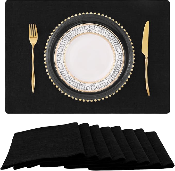 homing Cotton Linen Placemats Set of 8, Cloth Washable Farmhouse Dining Table Mats for Indoors & Outdoors, Easy to Clean, Black, 13 x 19 Inch