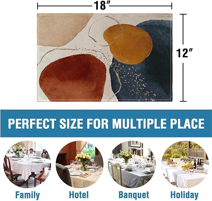 Ansouyi Placemats Set of 6, Terracotta Navy Orange and Gold Abstract Washable Heat Resistant Linen Table Mats, Kitchen Decor Non-Slip Place Mats for Party Dining, 12x18 Inch