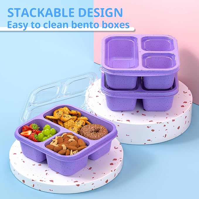 Snack Boxes (3 Pack) - Stackable Bento Boxes with 3 Compartments, Meal Prep Containers Reusable, Lightweight Lunch Containers for Kids and Adults, BPA Free (Purple)