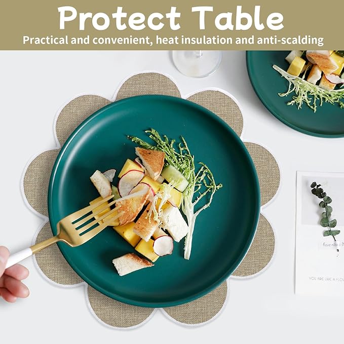 SK Studio Set of 6 Cotton Linen Placemats, 15x15 Round Scalloped Cloth Table Mats, Embroidery Double Layered Washable Dining Placemat for Hotel Restaurant Kitchen, Khaki