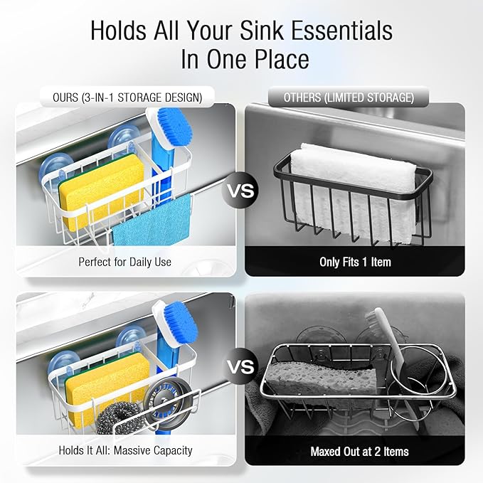 3-in-1 Kitchen Sink Caddy Organizer with Sponge Holder, Brush Holder, Extra Rack for Scrubber, Sink Stopper, Dish Cloth Hanger - Strong Dual Suction Cup, 2.0mm SUS304 Stainless Steel - White
