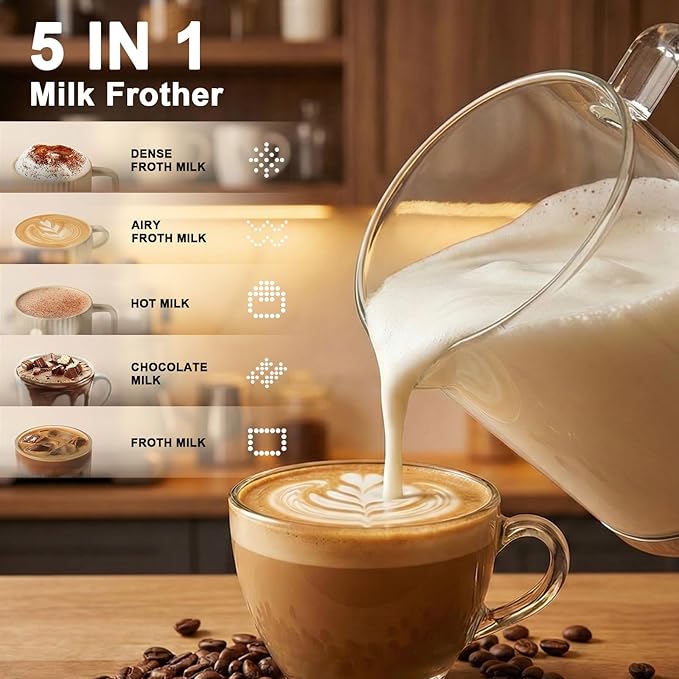 5-in-1 Electric Milk Frother, Removable Milk Frother and Steamer One-Touch for Hot and Cold Milk Froth Latte/Cappuccino/Hot Chocolate, 600W Milk Frother, Dishwasher-Safe BPA Free (black)