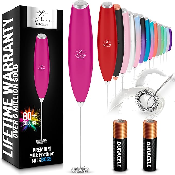 Zulay Kitchen Milk Frother Handheld Electric Whisk with AA Duracell Batteries – Durable Drink Mixer for Coffee, Lattes, Cappuccinos & More - Dragonfruit