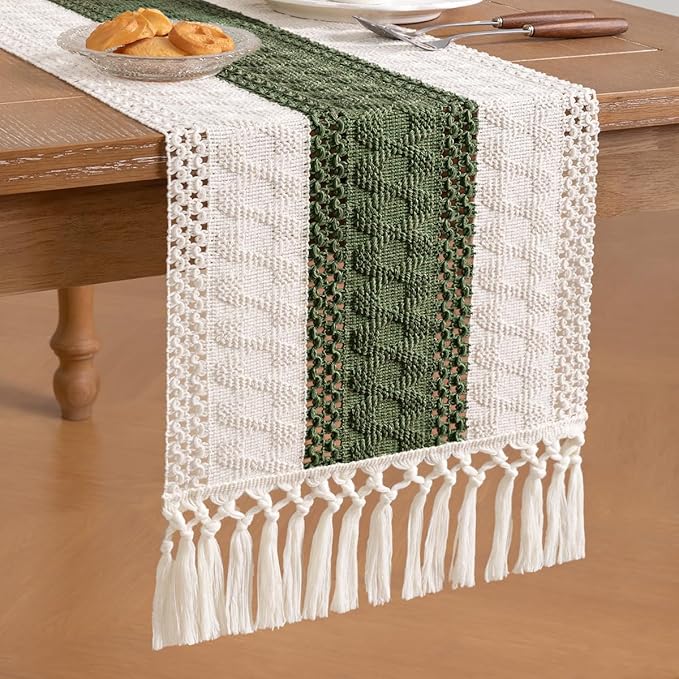 Socomi Boho Table Runner Easter Spring Farmhouse Rustic Dining Kitchen Centerpiece Decor Small Macrame Woven Cotton Linen Coffee Table Runner for Dresser Scarf Home Decor 12x90 inch Olive Green