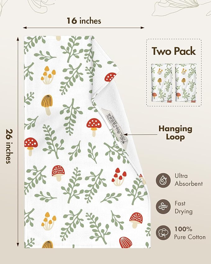 Miss Adola 2pcs Waffle Kitchen Towels - 16x26 Inch Cotton Waffle Weave Dish Cloths Set of 2 with Hanging Loop Absorbent Hand Tea Towels Cute Design for Housewarming Gift, Mushroom