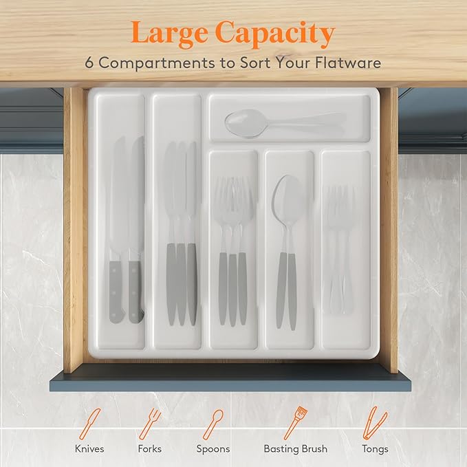 Lifewit Silverware Organizer with Lid, Covered Utensil Tray for Kitchen Drawer and Countertop, Plastic Cutlery and Flatware Storage Box for Spoons Forks Knives Holder Case, 12.6x11.8", White