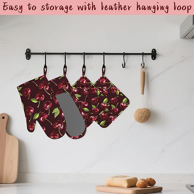 Red Cherry Heat-Resistant Silicone Oven Mitts and Pot Holders,Long Oven Gloves with Non-Slip Grip for Cooking, Baking, Grilling,BBQ