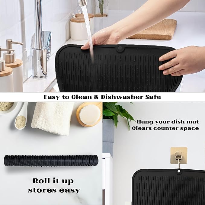 ZLR Large Silicone Dish Drying Mat (16" x 18") - XL Heavy Duty Drainboard Mat for Pots, Pans & Family Loads - Heat Resistant Trivet & Counter Protector, Easy Clean (Black)
