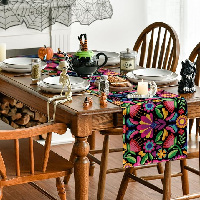 Artoid Mode Floral Dia De Los Muertos Serape Fiesta Mexican Table Runner, Mexico Day of The Dead Kitchen Dining Table Decoration for Home Party Decor 13x108 Inch