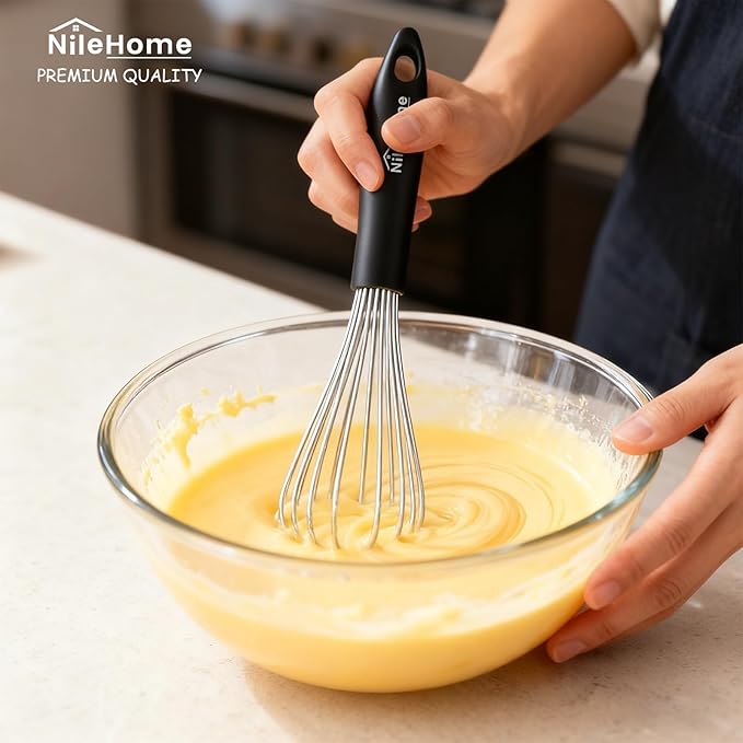 NileHome Silicone Whisk Set 8" 10" Kitchen Whisk Kitchen Wisk Wire Whisks for Cooking, Whisking, Blending, Beating, Stirring-Black Silver
