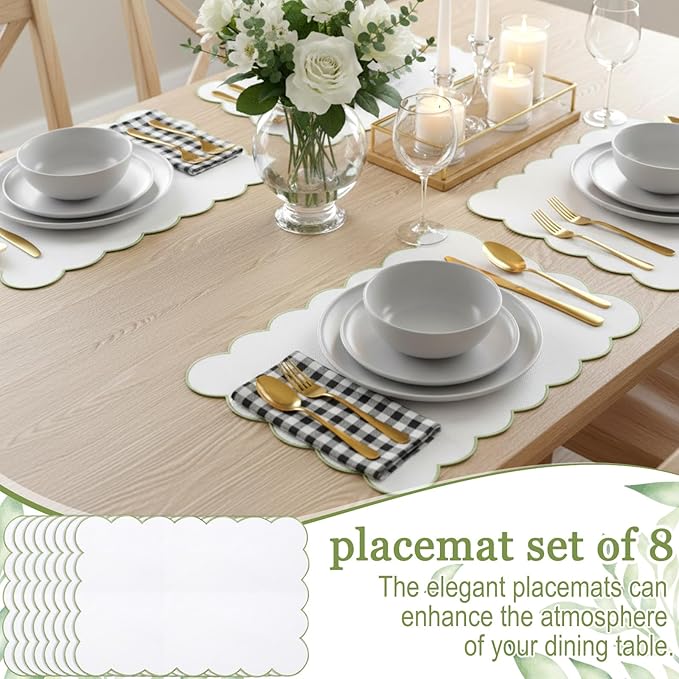 LemonRoad 8 Pcs Boho Linen Placemats Set 13" x 19" Elegant Scalloped Double Layered Placemats Farmhouse Washable Rustic Dining Table Decorations for Kitchen Wedding Banquet (White,Sage Green)