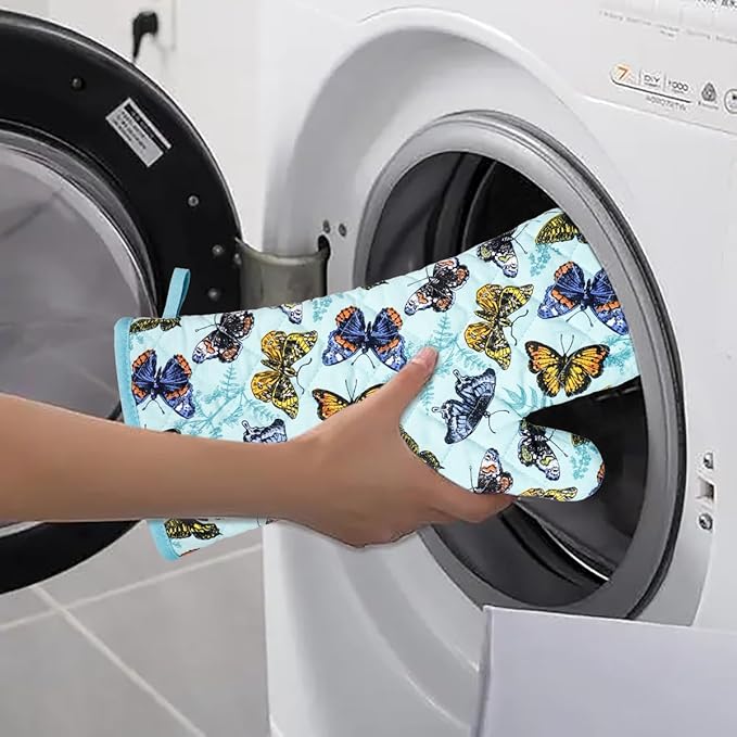 Oven Mitts Cotton Fashion Cute Butterfly Design 1pair Heat Resistant Oven Gloves Safe Cooking Baking Grilling Barbecue Machine Washable Pot Holders (Butterfly)