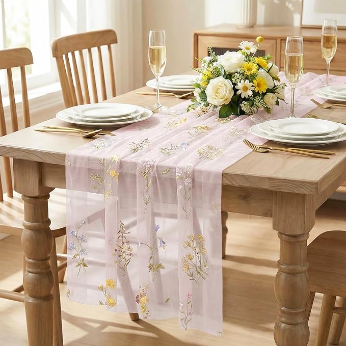 Artoid Mode Wildflower Floral Light Pink Gauze Embroidery Table Runner 120 Inch 10FT, Tulle Seasonal Spring Kitchen Dining Table Decor for Home Party
