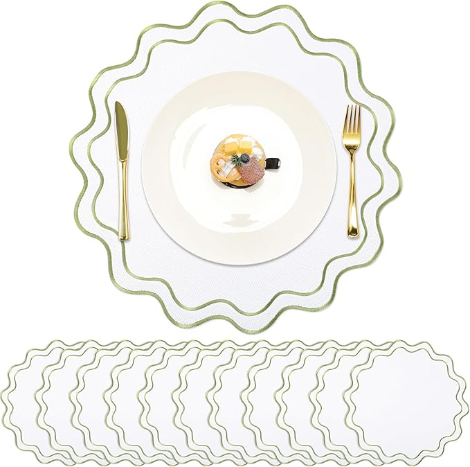 Set of 12 Cotton Linen Placemats, 15x15 Scalloped Flower Embroidery Cloth Table Mats Double Layered Fabric Washable Wrinkle Free Dining Placemat for Restaurant Kitchen Decor (White with Green)
