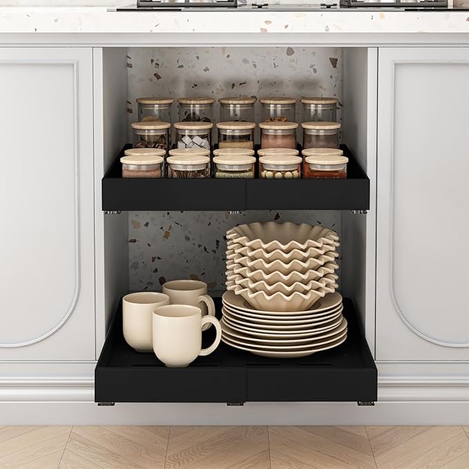 THMINS Expandable Pull Out Cabinet Organizer, 21" Deep Expandable (12.6" - 20.5") 3 Heavy Duty Slide Drawers Pull Out Drawers for Kitchen Storage Cabinet (Black)