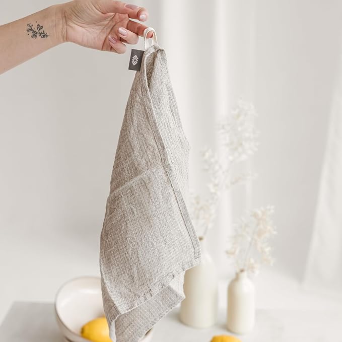 100% European Linen Hand Towels for Kitchen & Bath - Set of 2 - Waffle Weave, Highly Absorbent & Quick-Dry - 14 x 28 in - Stone Washed Flax