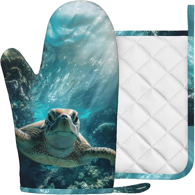 Sea Turtles Oven Mitt and Pot Holder with Silicone Heat Resistant Kitchen for Cooking BBQ Baking Grilling Cooking Protection