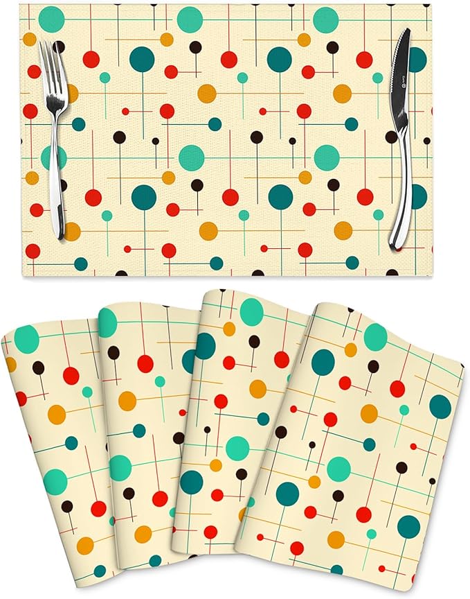 Mid Century Modern Placemats Set of 4, Washable Yellow Retro Table Mats for Kitchen Dining Table Outdoor Holiday Party Home Decor, Heat Resistant Linen Place Mats 12"x18"