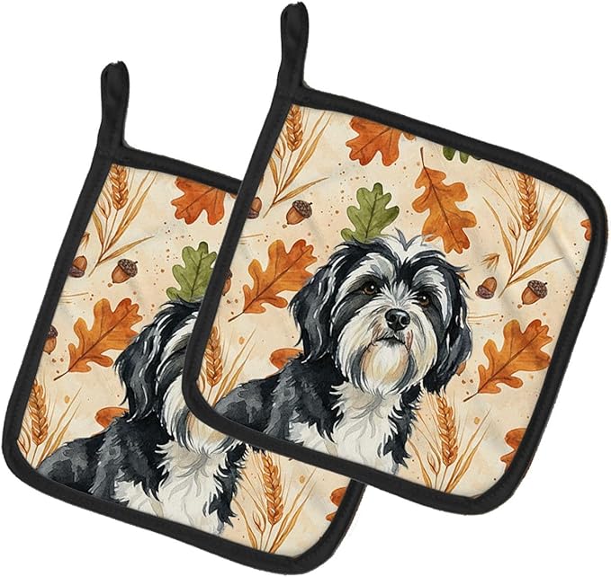 Caroline's Treasures Black and White Tibetan Terrier Heirloom Fall Pair of Pot Holders Pair 7.5x7.5 Quilted Insulated Hot Pads Decorative Kitchen Gift Made in USA