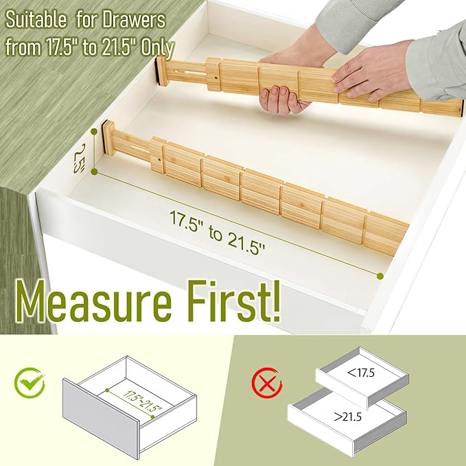 Whitmor Adjustable Bamboo Drawer Dividers, Expandable 17"-22" Drawer Organizer, Space-Saving, Non-Slip & Spring-Loaded Separators for Kitchen, Bedroom, Office, 4 Pack Dividers with 9 Baffles