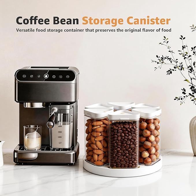 6-Grid Rotating Grain Storage Bins & Pantry Food Organizer, Dry Food Canister Set for Cereal, Grain, Snacks, Coffee Beans, Kitchen Countertop Storage