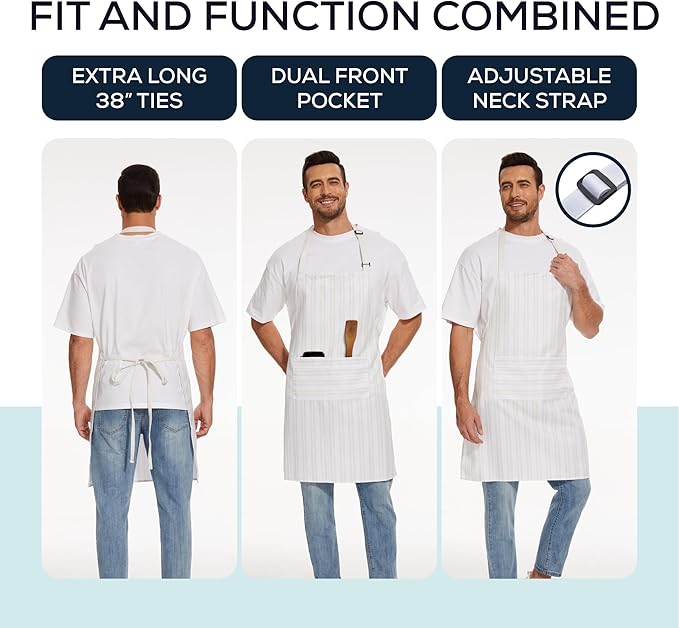 Will Well Kitchen Apron for Men and Women - 33" x 27" Oil-and-Water-Resistant with Adjustable Neck Strap and 38" Waist Ties for a Snug Fit, Lightweight with 2 Front Pockets - 6-Pack, White Stripe
