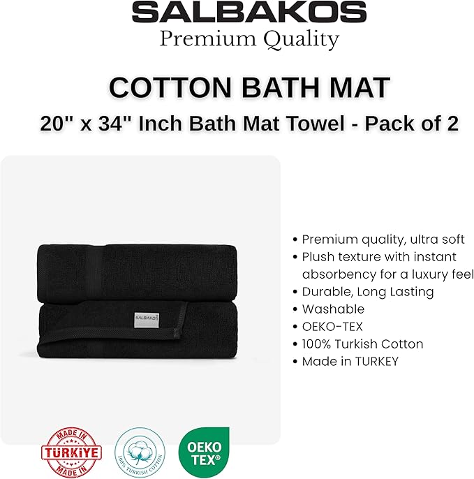 SALBAKOS 100% Turkish Cotton Bath Mat Towel Set of 2 Piece Black | 20x34 in Large Bath Mats | Luxury Hotel Quality, Thick, Absorbent, Quick Dry Bathmats for Bathroom & Toilet (Black, 2 Bath Mats)