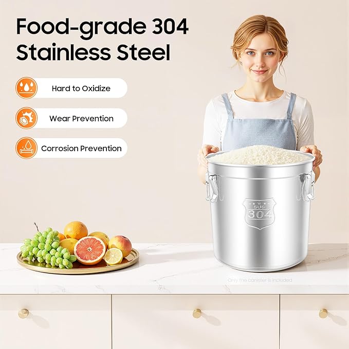 12.7Gal Stainless Steel Canister with Airtight Lid 58-73Lbs Flour Storage Containers for Kitchen Metal Rice Bucket Coffee Canister Dog Food Container Milk Can w/Handles&Sealing Buckles (48L)