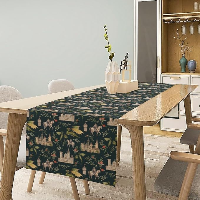 Dragon Table Runner, Magical Medieval Castle Dragon Knights Art Printed Runner for Home Kitchen Dining Table Living Room Decor Fabric 1 Panel W13xL90in