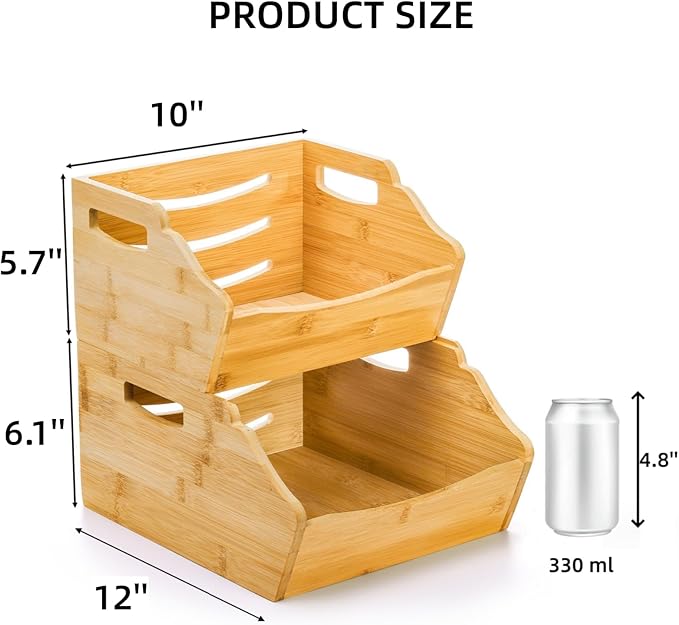 Cididu 2 Pack Bamboo Stackable Storage Bin, Countertop Open Front Stacking Bins, 2 Tier Organize Basket Box with Handle, Food Fruit Container for Cabinet, Kitchen, Studio, Office