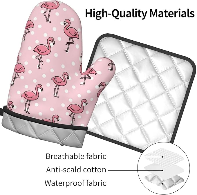 Pink Flamingos Oven Mitts and Pot Holders Pink Background Heat Resistant Oven Mitts Safe for Baking Cooking BBQ