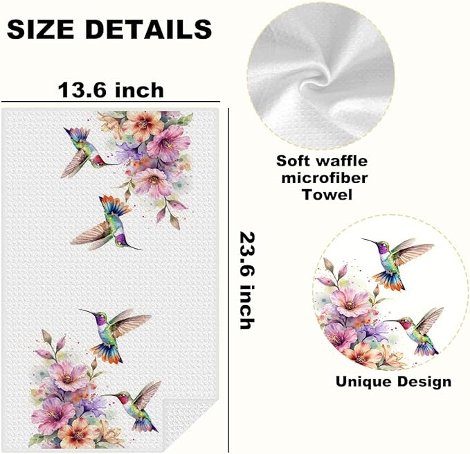 4 Pcs Artistic Hummingbird Kitchen Towels, Watercolor Floral Decorative Absorbent Microfiber Dish Cloth Tea Towel, Waffle Soft Hand Towels for Farmhouse Home Bathroom Decor, Housewarming Gifts