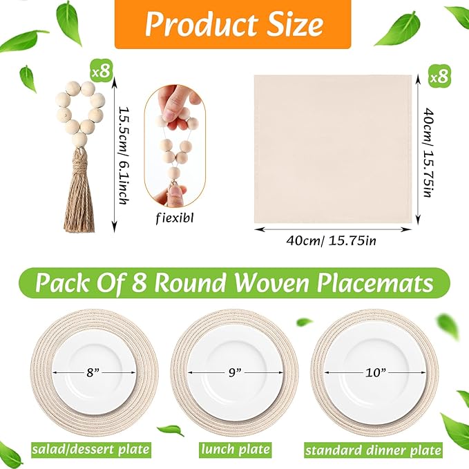 8 Sets Boho Placemats Set Round Woven Placemats, Cloth Napkins, Wood Bead Napkin Rings, White Table Runner with Tassel and Farmhouse Rustic Cotton Burlap for Kitchen (Style 1)