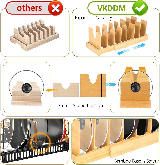 Pots and Pans Organizer for Under Cabinet - Expandable Bamboo Pot Lid Organizer, Pan Organizers inside Cabinet, Drawer Pot Lid Holder Rack for Kitchen Organization and Storage