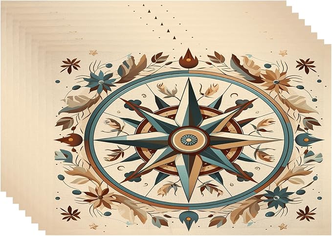 Batmerry Compass Rose Placemats, Floral Themed Design Washable Linen Table Mats for Kitchen Table Double Insulation Decor Dining Set Indoor Outdoor 12X18 in Set of 8
