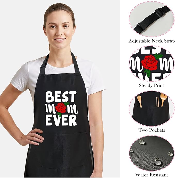 Black Baking Aprons for Women, Adjustable Cooking Baking Kitchen Aprons for Mom Chef with Pockets