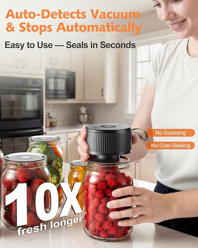 Electric Mason Jar Vacuum Sealer, [2026 Upgraded] One-Piece Handheld Vacuum Sealer Kit for Wide & Regular Mouth Jars, Portable Cordless Sealer for Food Storage, Homesteading & Meal Prep