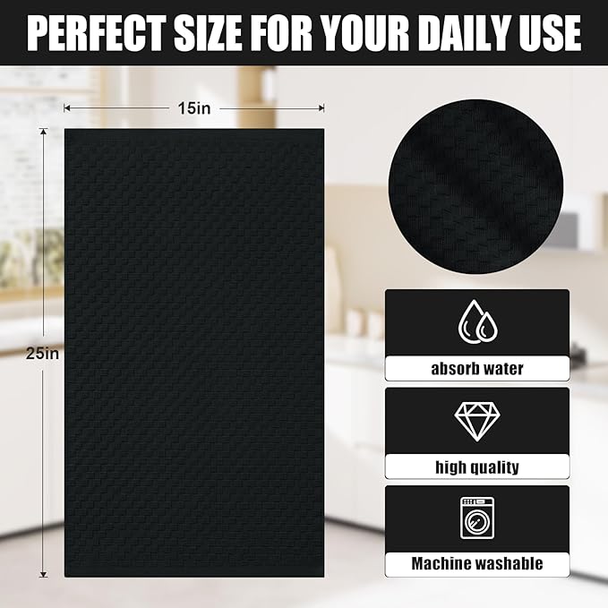 Homaxy 100% Cotton Terry Kitchen Towels(15" x 25", 12 Pack), Soft and Super Absorbent Dish Towels, 380 GSM Reusable Tea Towel with Hanging Loop, Pineapple Grid Designed, Black
