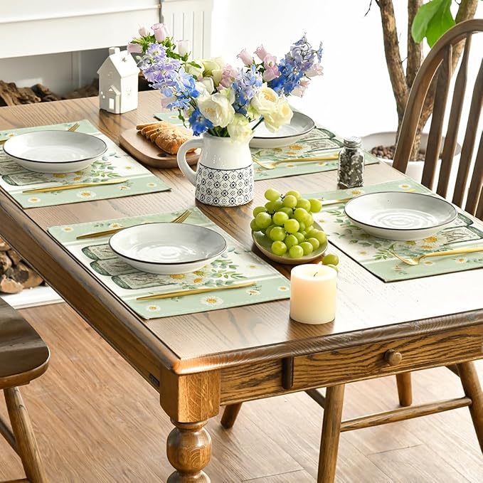 Artoid Mode Eucalyptus Leaves Daisy Vase Spring Placemats Set of 6, 12x18 Inch Seasonal Summer Table Mats for Party Kitchen Dining Decoration