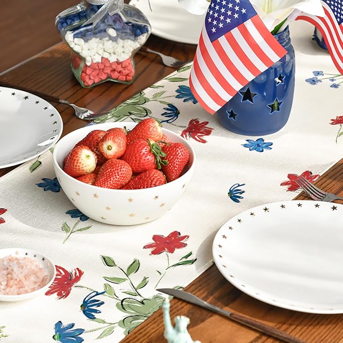 Artoid Mode Cross Star Floral Patriotic 4th of July Table Runner, Memorial Day Kitchen Dining Table Decoration for Home Party Decor 13x36 Inch